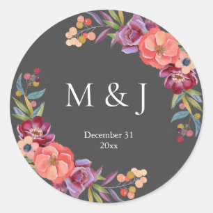 Burgundy & Plum Grey Elegant Tropical Monogram V2 Classic Round Sticker