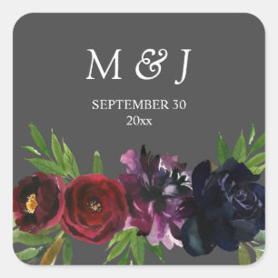 Burgundy Plum Navy Floral Monogram Grey Square Sticker