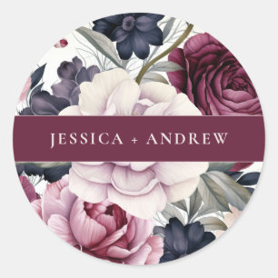 Burgundy Plum Purple Floral Watercolor Wedding  Classic Round Sticker