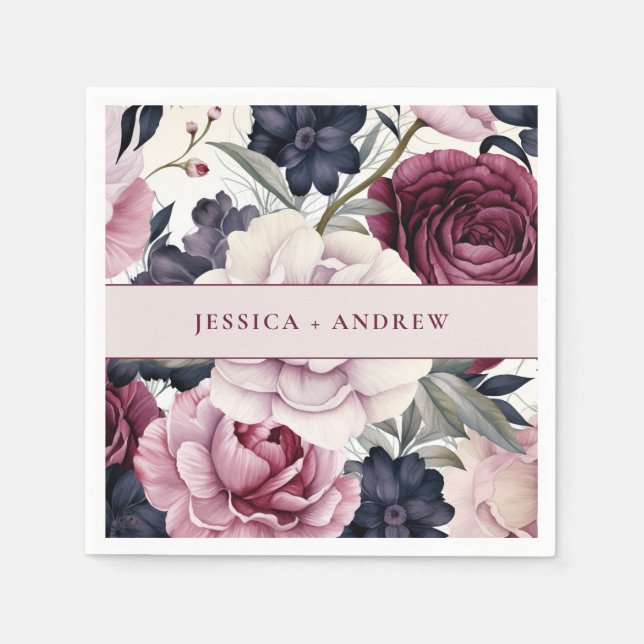 Burgundy Plum Purple Floral Watercolor Wedding Napkin (Front)