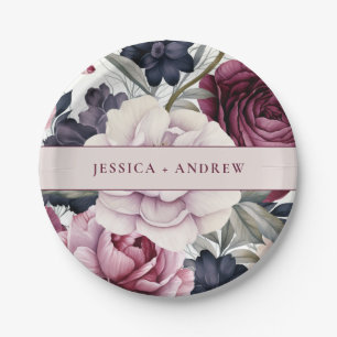 Burgundy Plum Purple Floral Watercolor Wedding Paper Plate