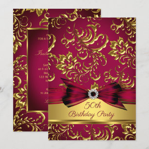 Burgundy Plum Red Gold Damask 50th birthday party Invitation