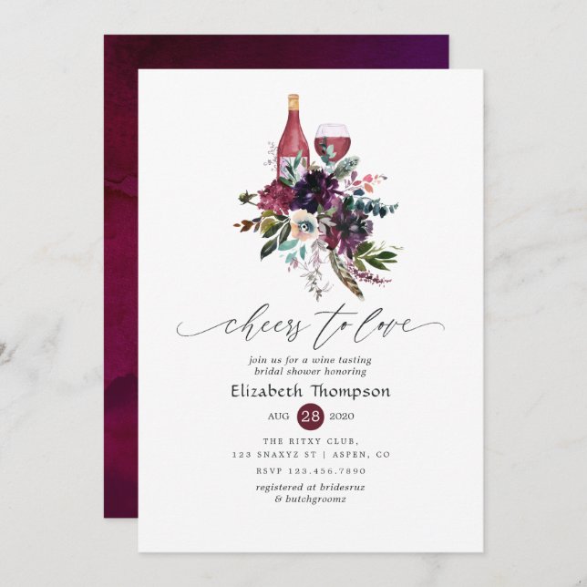 Burgundy Plum Red Wine Tasting Bridal Shower Invitation (Front/Back)