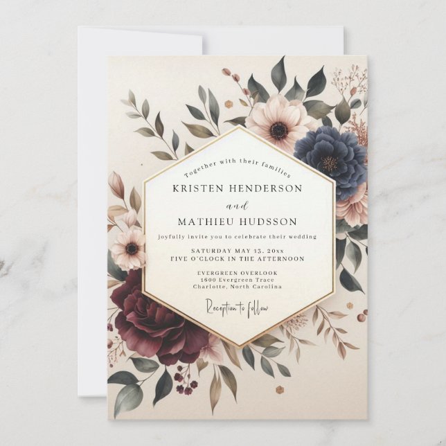 Burgundy Poetic Bloom Wedding Invitation (Front)