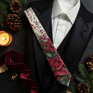 Burgundy Poinsettia Botanical Christmas Wedding Tie