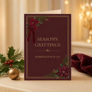 Burgundy Poinsettia Folded Corporate  Holiday Card