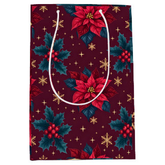 Burgundy Poinsettia & Gold Snowflake Dark Feminine Medium Gift Bag