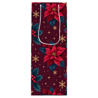 Burgundy Poinsettia & Gold Snowflake Dark Feminine Wine Gift Bag