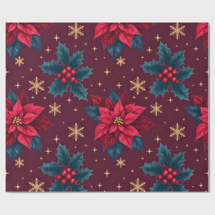 Burgundy Poinsettia & Gold Snowflake Dark Feminine Wrapping Paper