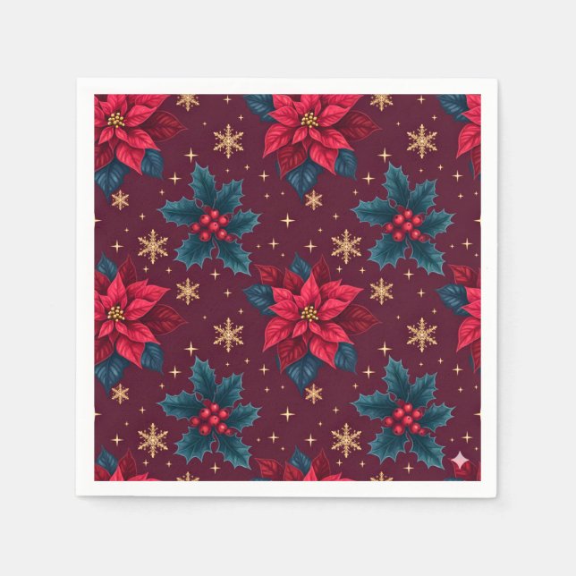Burgundy Poinsettia & Gold Snowflake  Napkin (Front)