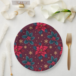 Burgundy Poinsettia & Gold Snowflake  Paper Plate