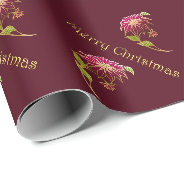 Burgundy Poinsettias Christmas Wrapping Paper (Roll Corner)