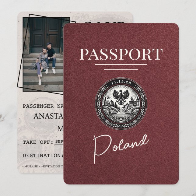 Burgundy Poland Passport Save The Date (Front/Back)