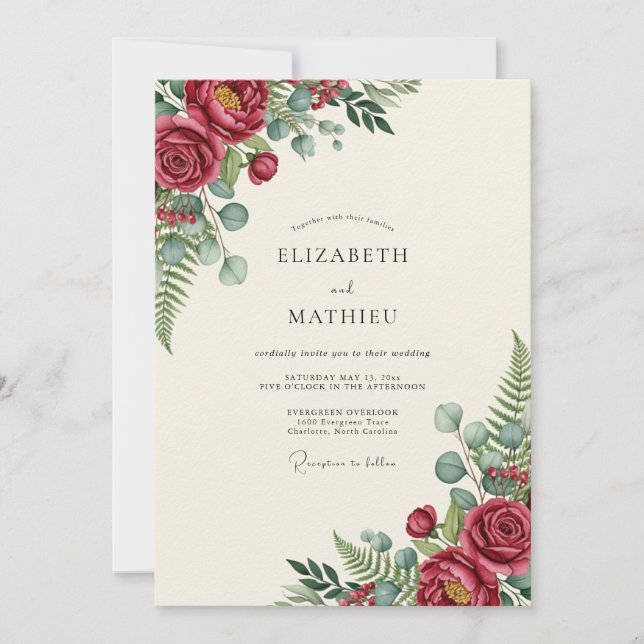 Burgundy Polished Botanical Wedding Invitation (Front)