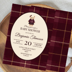  burgundy Polo Teddy Bear Preppy Plaid Baby Shower Invitation
