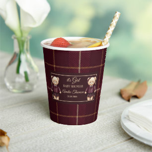 burgundy Polo Teddy Bear Preppy Plaid Baby Shower Paper Cups