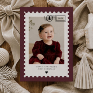 Burgundy Postage Stamp Baby's 1st Christmas Photo Holiday Card