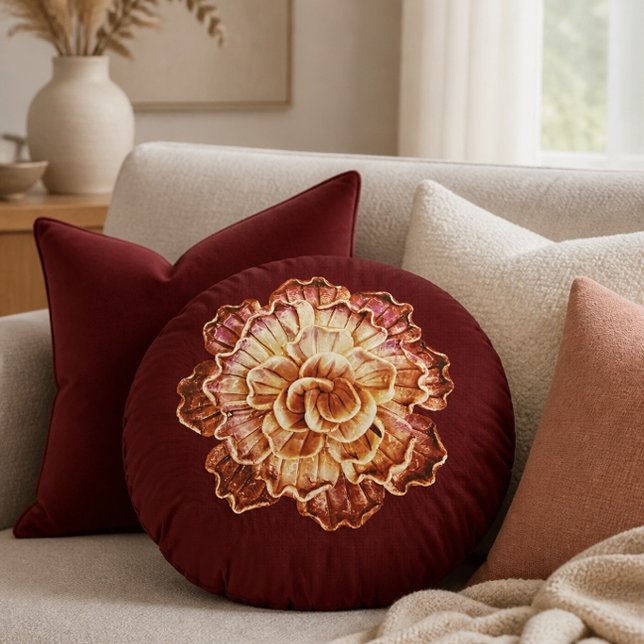 Burgundy (Primary) & Cream Rosette Elegance Round  Pillow (Creator Uploaded)