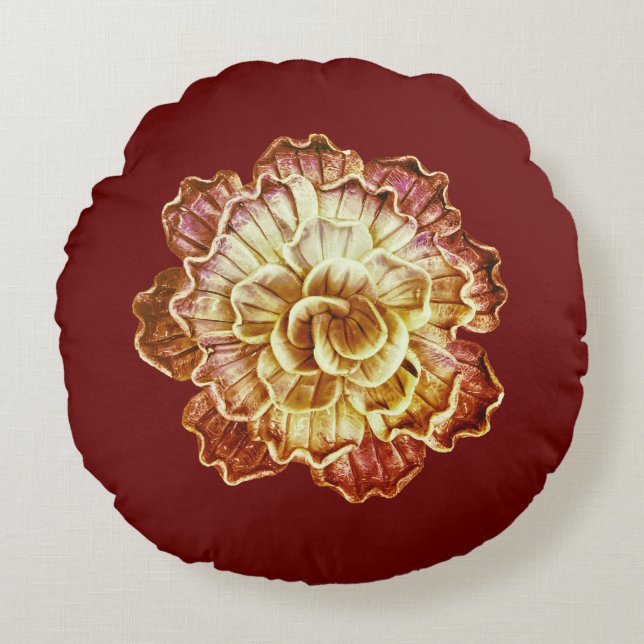 Burgundy (Primary) & Cream Rosette Elegance Round  Round Pillow (Front)