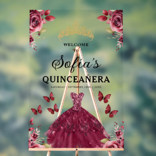 Burgundy Princess Quinceañera Birthday Welcome  Acrylic Sign