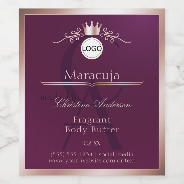 Burgundy Product Label Rose Gold Frame Monogram (Single Label)