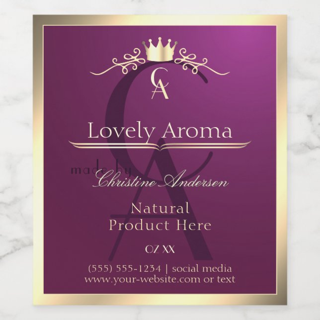 Burgundy Product Label with Gold Border Monogram (Single Label)