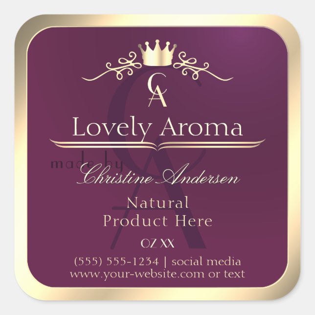 Burgundy Product Label with Gold Border Monogram (Front)