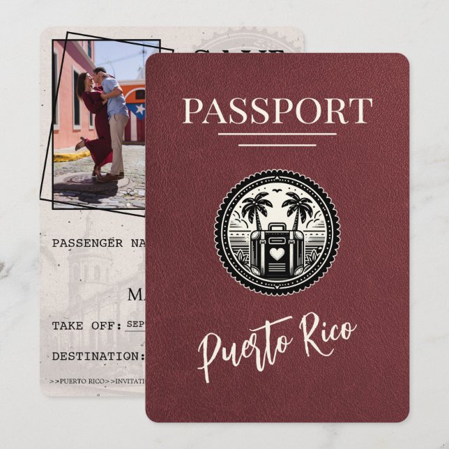 Burgundy Puerto Rico Passport Save The Date (Front/Back)