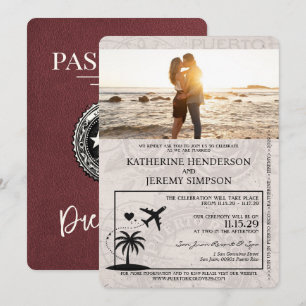 Burgundy Puerto Rico Passport Wedding Invitation