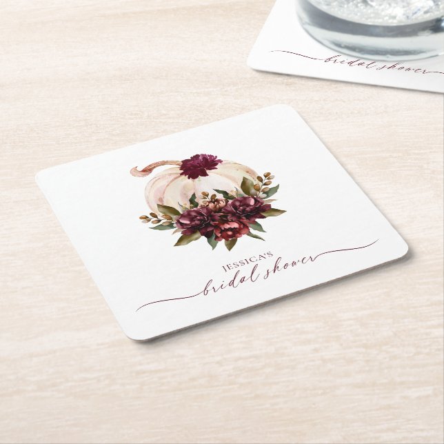 Burgundy Pumpkin Fall in Love Bridal Shower Invite Square Paper Coaster (Angled)
