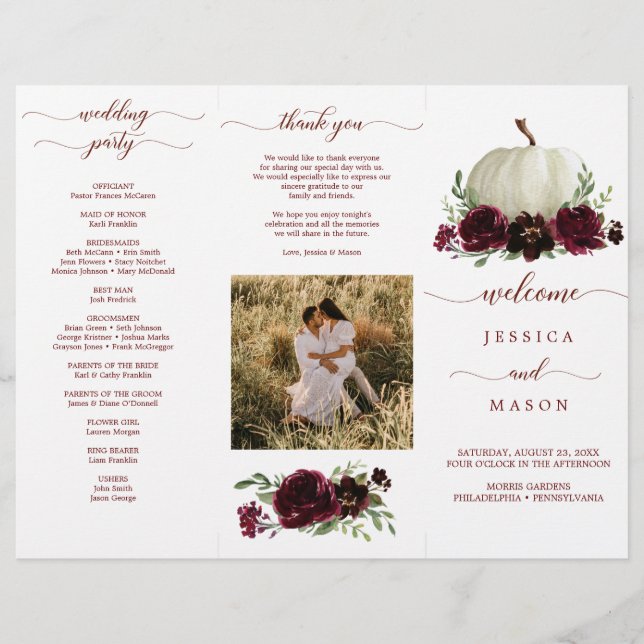Burgundy Pumpkin Fall Tri-Fold Wedding Program (Front)