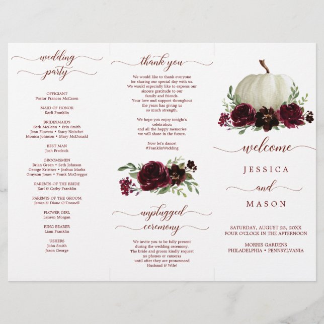 Burgundy Pumpkin Fall Tri-Fold Wedding Program (Front)
