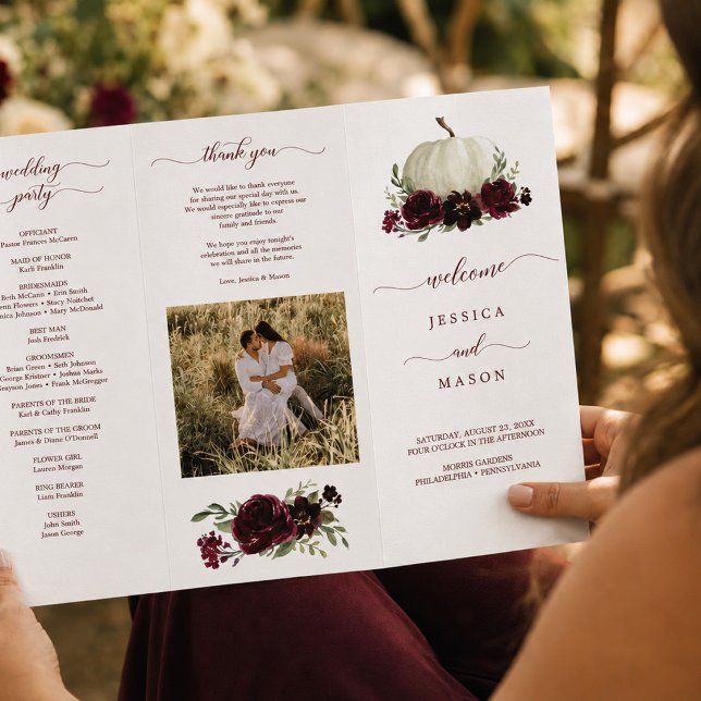 Burgundy Pumpkin Fall Tri-Fold Wedding Program (Creator Uploaded)