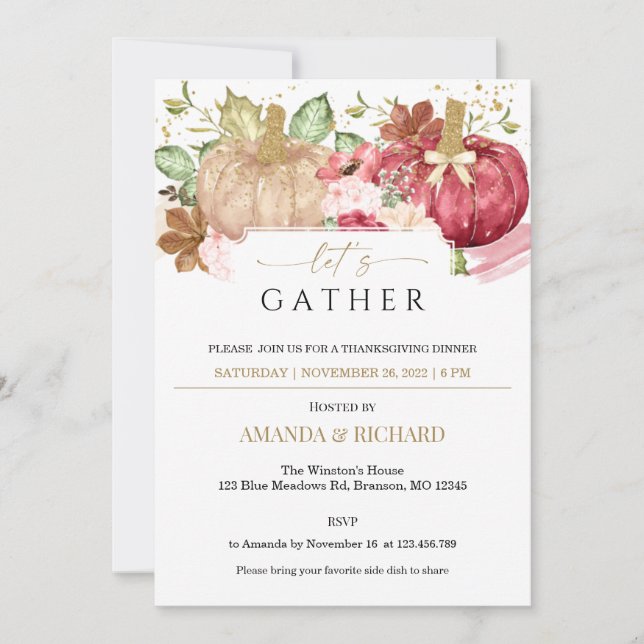 Burgundy Pumpkin Floral Thanksgiving Dinner Invitation (Front)