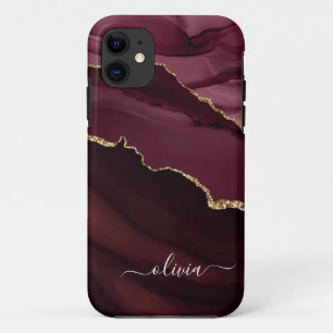 Burgundy Purple Agate Geode Gold Monogram iPhone 11 Case