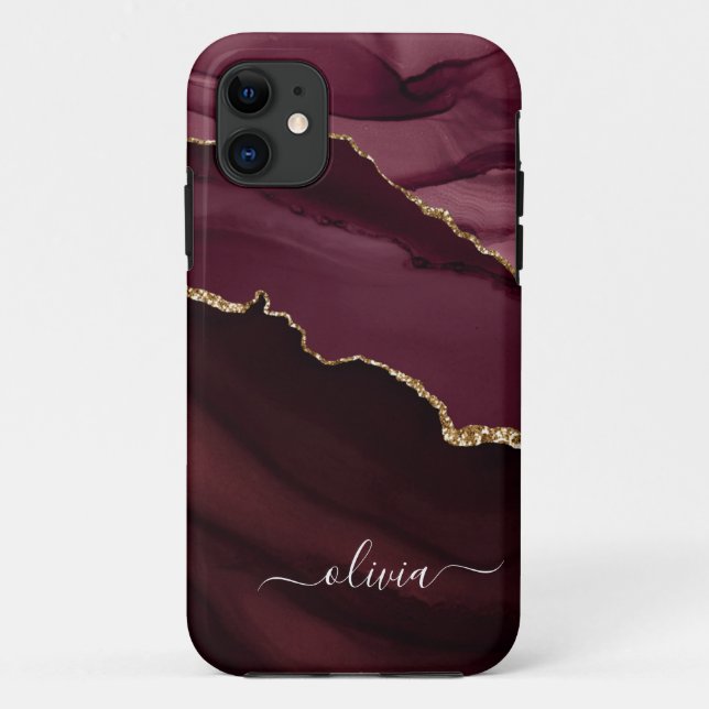 Burgundy Purple Agate Geode Gold Monogram Case-Mate iPhone Case (Back)