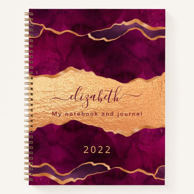 Burgundy purple agate marble rose gold monogram notebook (Front)