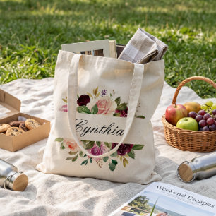 Burgundy Purple Blush Watercolor Floral Bridesmaid Tote Bag