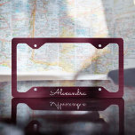 Burgundy Purple Brushed Metal Monogram License Plate Frame<br><div class="desc">Burgundy Cranberry Purple Faux Brushed Metal Elegant Monogram License Plate. This License Plate can be customized to include your first name. Please contact the designer if you would like customized matching items.</div>