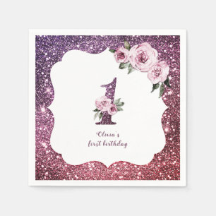Burgundy purple glitter and floral 1st birthday napkin
