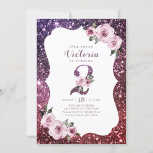 Burgundy purple glitter and floral 2nd birthday invitation