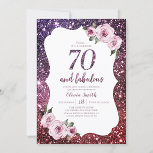 Burgundy purple glitter and floral 70th birthday invitation