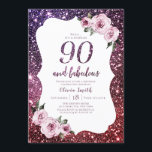 Burgundy purple glitter and floral 90th birthday invitation<br><div class="desc">Burgundy purple faux sparkle glitter background and pink floral with "90 and fabulous" script in centre,  elegant and stylish,  great milestone 90th birthday party invitations. 
Semi-Gloss finish paper selected.</div>