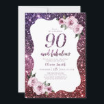 Burgundy purple glitter and floral 90th birthday invitation<br><div class="desc">Burgundy purple faux sparkle glitter background and pink floral with "90 and fabulous" script in centre,  elegant and stylish,  great milestone 90th birthday party invitations. 
Semi-Gloss finish paper selected.</div>