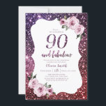 Burgundy purple glitter and floral 90th birthday invitation<br><div class="desc">Burgundy purple faux sparkle glitter background and pink floral with "90 and fabulous" script in centre,  elegant and stylish,  great milestone 90th birthday party invitations. 
Semi-Gloss finish paper selected.</div>