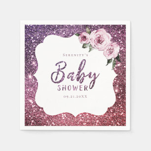 Burgundy purple glitter and floral baby shower napkin