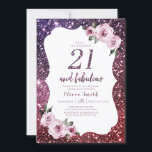 Burgundy purple glitter floral 21st birthday invitation<br><div class="desc">Burgundy purple faux sparkle glitter background and pink floral with "21 and fabulous" script in centre,  elegant and stylish,  great 21st birthday party invitations. 
Semi-Gloss finish paper selected.</div>