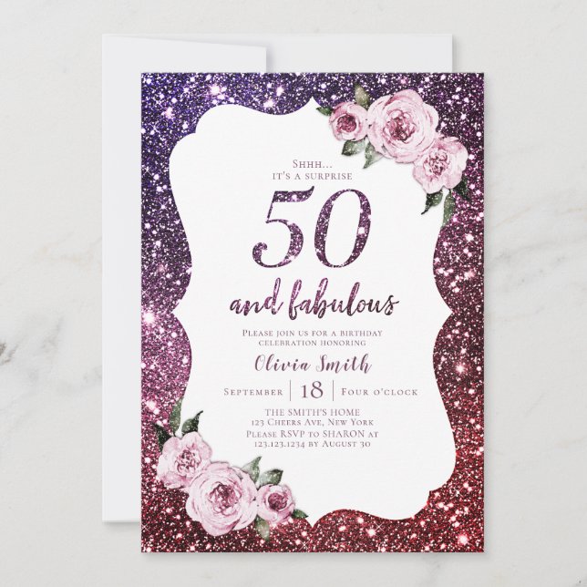 Burgundy purple glitter floral 50th birthday invitation (Front)