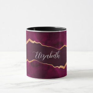 Burgundy purple gold agate marble name mug