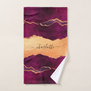 Burgundy purple gold agate marble rose gold name bath towel set
